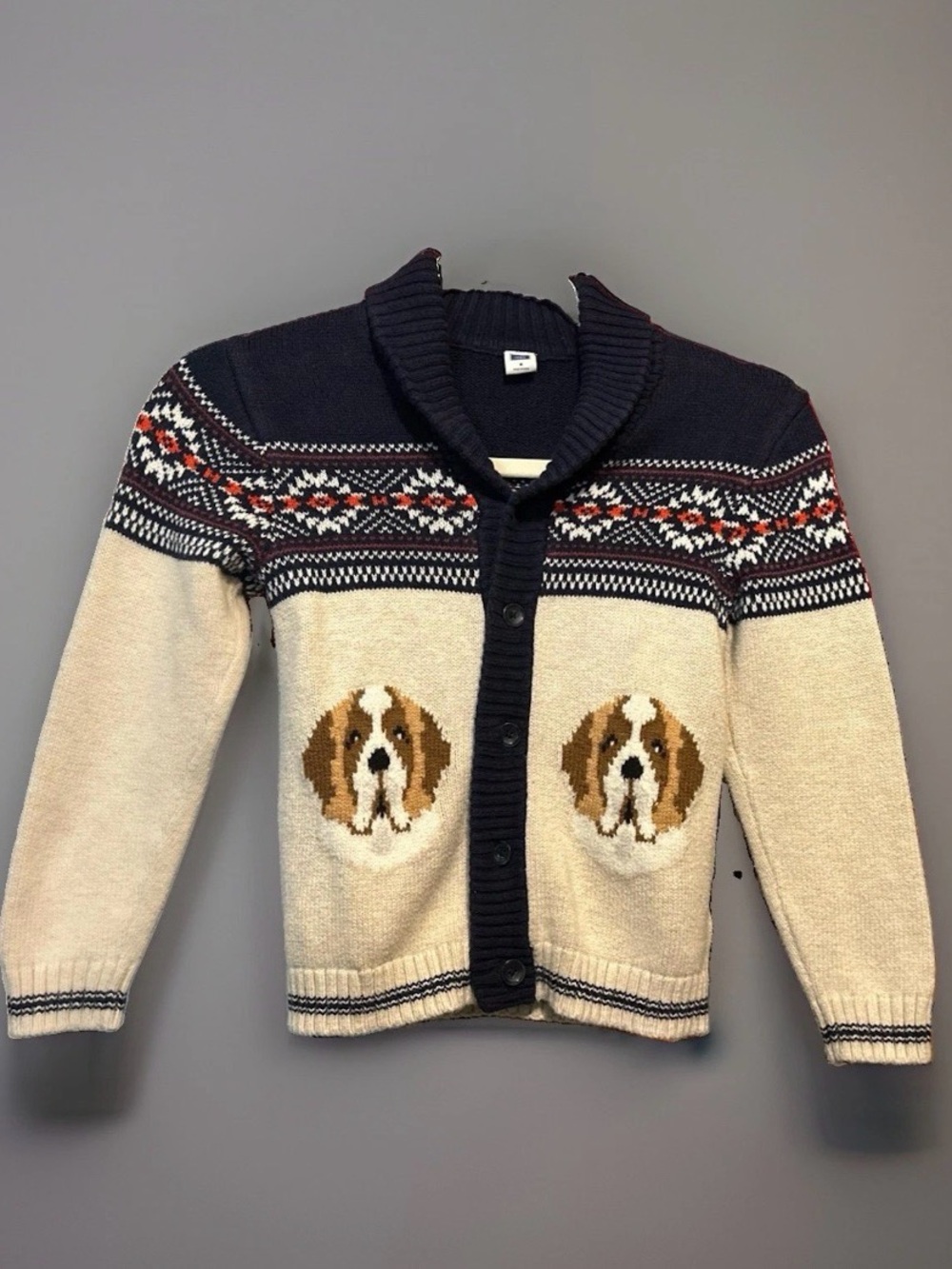 Janie and Jack Cream & Navy Dog Intarsia Shawl Collar Sweater Cardigan